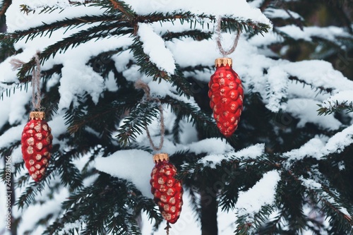 Beautiful Christmas toys in the shape of spruce cones hanged decorate the Christmas tree. On the branches of spruce lies buly and cold snow. photo