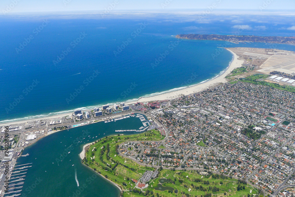 Aerial view of Mission Beach coastline in San Diego