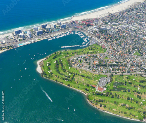 Aerial view of Mission Beach coastline in San Diego