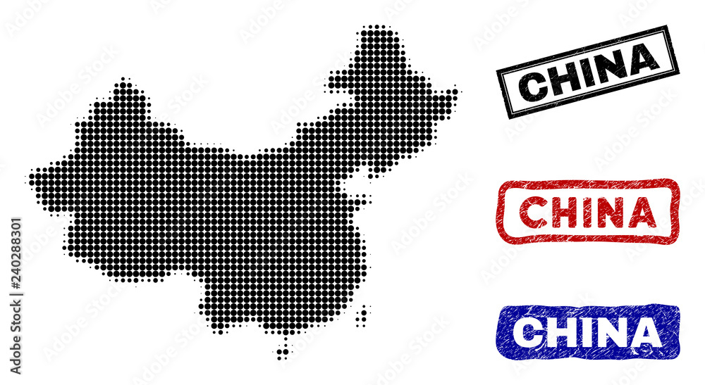 Halftone dot vector abstracted China map and isolated black, red, blue rubber-style stamp seals. China map label inside rough rectangle frames and with corroded rubber texture.