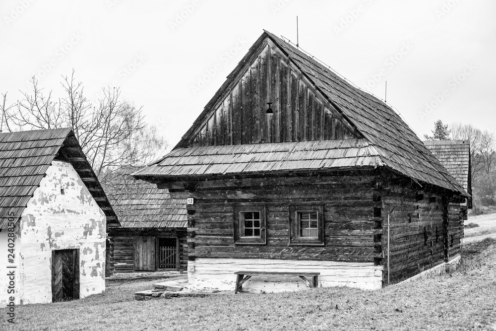 Europe, country Slovakia. Museum of the Slovak village open air museum, in the city of Martin, region of Turiec. The old historical wooden hous. Europe, country Slovakia. Museum of the Slovak village open air museum, in the city of Martin, region of Turiec. The old historical wooden hous.
