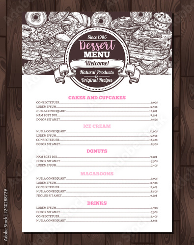 Dessert vector menu with sketch collection of desserts and sweet bakery. Trendy design with hand drawn cake, cupcake, donuts, macaroons, muffins, waffle, croissant