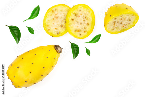 yellow prickly pear or opuntia isolated on a white background with copy space for your text. Top view. Flat lay