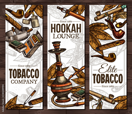Templates with color sketch cigarettes, cigars, hookah, tobacco leaves, ceremonial pipe, lighter, vintage tobaccopipes. Design of vertical vector banners with hand drawn tobacco and smoking objects