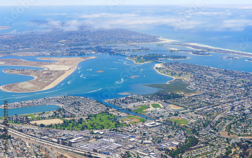 Aerial view of Mission Bay and downtown San Diego