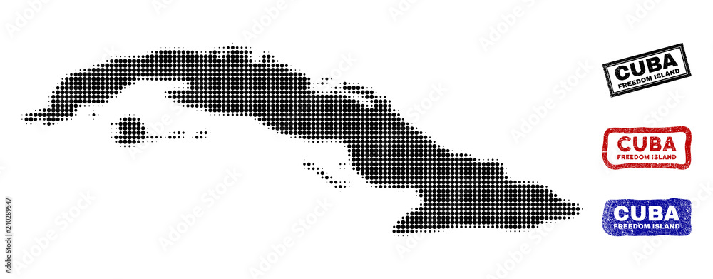 Obraz premium Halftone dot vector abstract Cuba Island map and isolated black, red, blue rubber-style stamp seals. Cuba Island map tag inside draft rectangle frames and with grunge rubber texture.