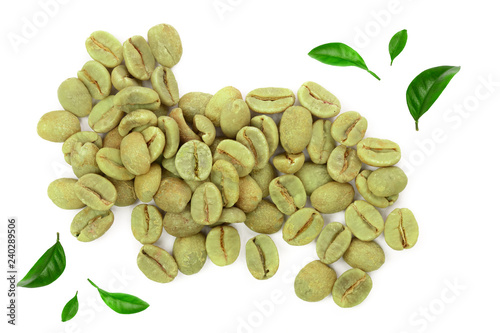 green coffee beans isolated on white background close up. Top view. Flat lay