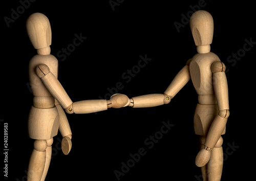 Business Man Shaking Hands. Wooden Mannequin