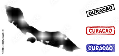 Halftone vector dot abstract Curacao Island map and isolated black, red, blue rubber-style stamp seals. Curacao Island map caption inside draft rectangle frames and with distress rubber texture.
