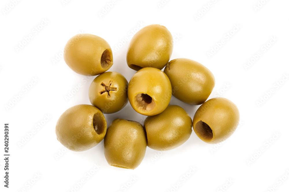 Green olives isolated on a white background. Top view. Flat lay Green olives isolated on a white background. Top view. Flat lay