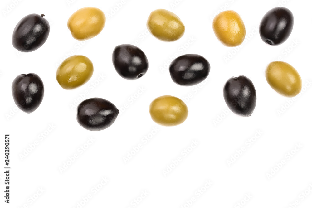 Green and black olives isolated on a white background with copy space for your text. Top view. Flat lay Green and black olives isolated on a white background with copy space for your text. Top view. Flat lay