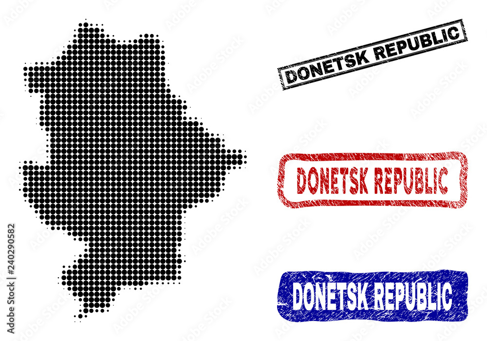 Halftone vector dot abstract Donetsk Republic map and isolated black, red, blue textured stamp seals. Donetsk Republic map label inside draft rectangle frames and with scratched rubber texture.