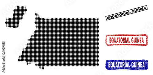 Halftone dot vector abstract Equatorial Guinea map and isolated black, red, blue rubber-style stamp seals. Equatorial Guinea map title inside rough rectangle frames and with unclean rubber texture.