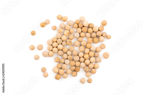 white peppercorns isolated on white background. Top view. Flat lay. Close up