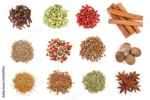 mix of spices isolated on a white background. Top view. Flat lay. Set or collection