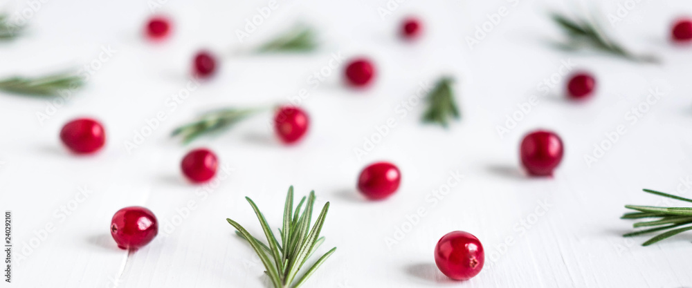 Cranberry pattern on white wooden background. Background with cranberries. Useful berries. Flat lay, top view.