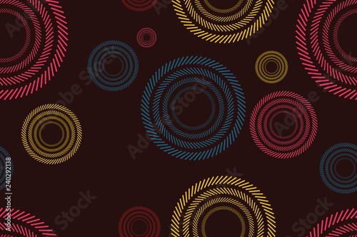 Abstract, seamless background pattern of colorful circles made with short, inclined lines. Modern and vibrant vector art. Pink, yellow and blue colors on dark red.