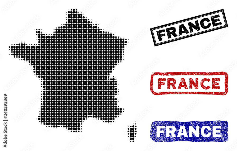 Halftone vector dot abstract France map and isolated black, red, blue damaged stamp seals. France map label inside draft rectangle frames and with unclean rubber texture.