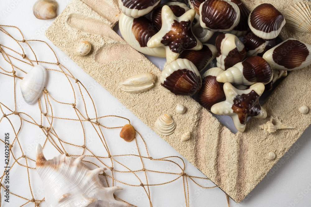 Chocolate candies, traditional Belgian shell shape. Chocolate candies, traditional Belgian shell shape.