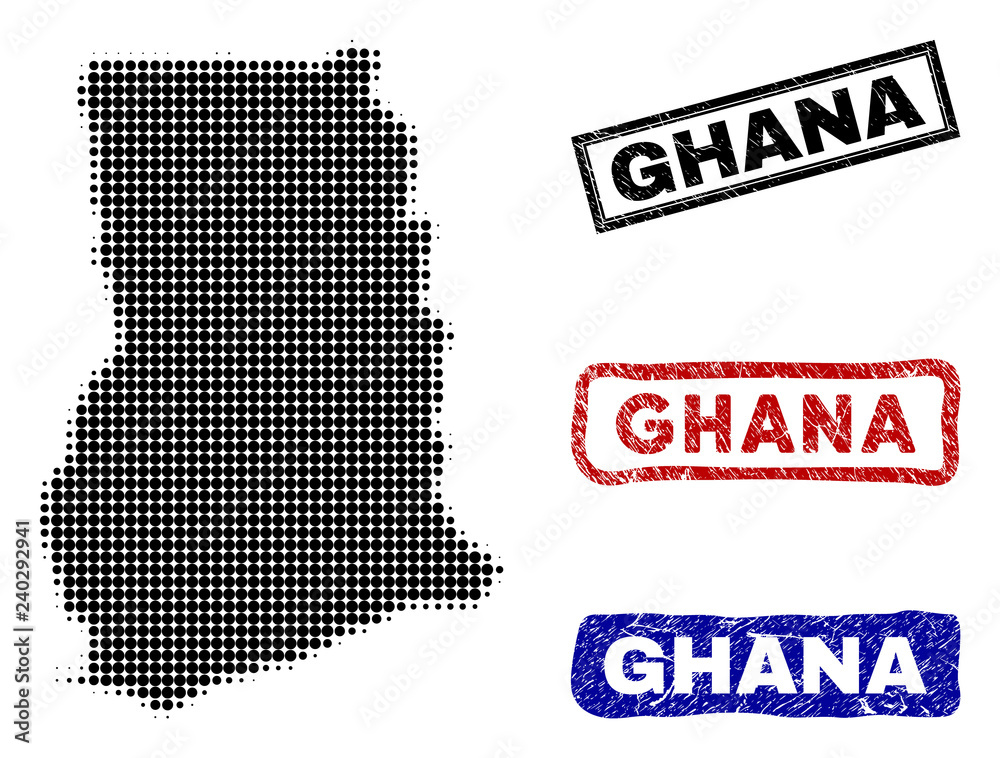 Halftone dot vector abstract Ghana map and isolated black, red, blue grunge stamp seals. Ghana map title inside rough rectangle frames and with unclean rubber texture.