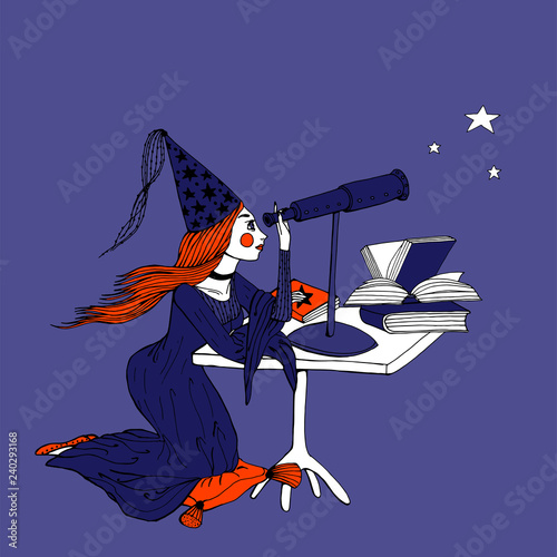 hand drawn stargazer astrologer girl with long hair and dress is looking to the telescope