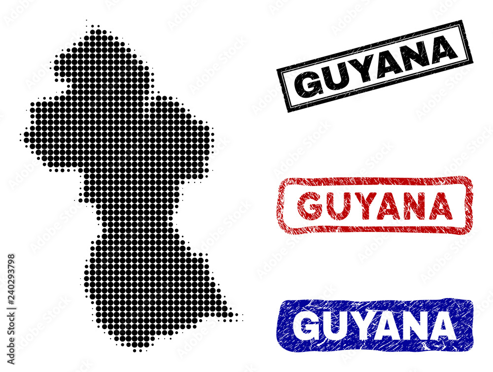 Halftone dot vector abstracted Guyana map and isolated black, red, blue damaged stamp seals. Guyana map name inside draft rectangle frames and with corroded rubber texture.