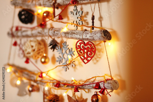hanging on the wall alternative wooden christmas tree/ with wooden tree decorations/christmas and new year background