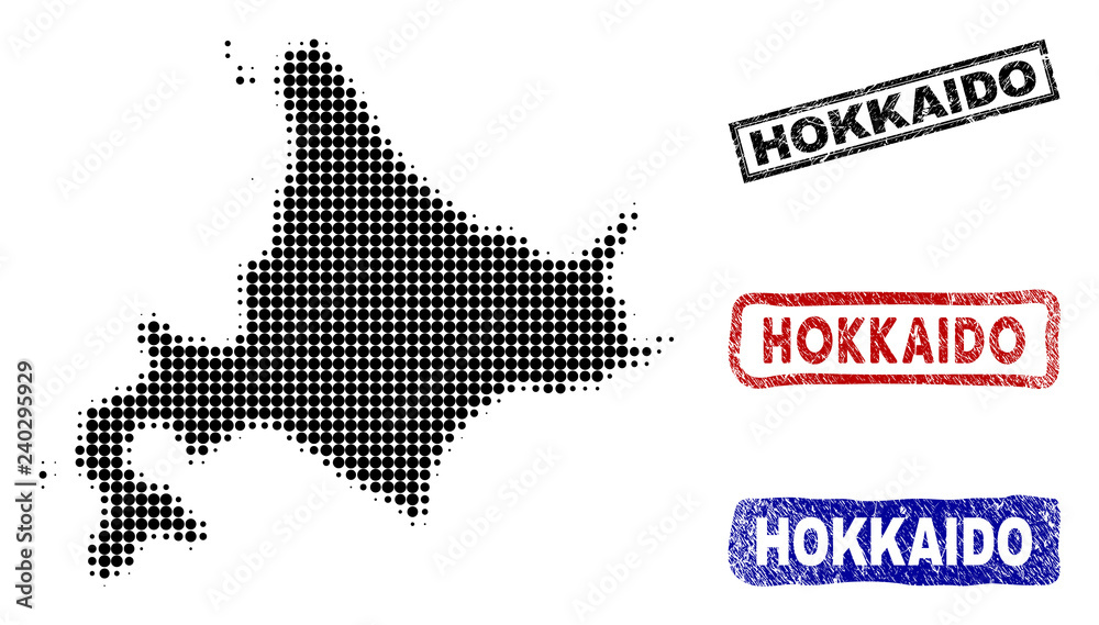 Halftone vector dot abstract Japanese Hokkaido map and isolated black, red, blue rubber-style stamp seals. Japanese Hokkaido map label inside draft rectangle frames and with grunge rubber texture.