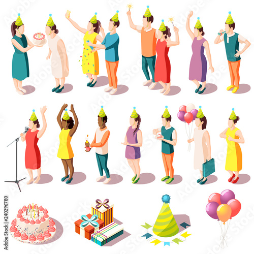 Birthday Party Isometric Icons Set