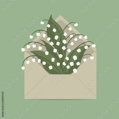 Lilies of the valley in the mail envelope. Spring flowers. Floral composition. Vector illustration on a green background