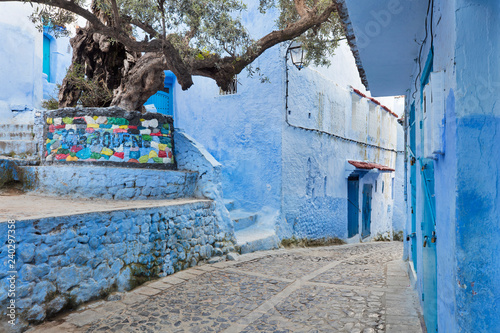 street with mosaic elements in blue city Chefchaouen in Morocco © sergejson