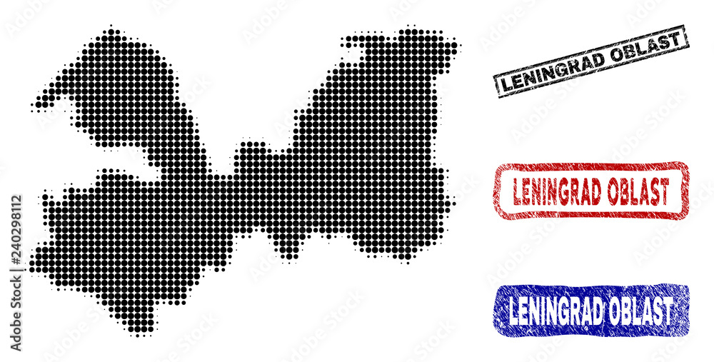 Halftone dot vector abstract Leningrad Oblast map and isolated black, red, blue rubber-style stamp seals. Leningrad Oblast map tag inside rough rectangle frames and with distress rubber texture.
