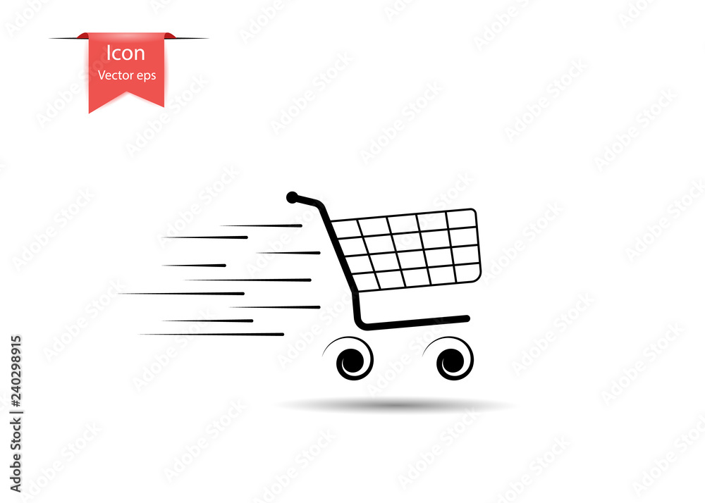 Shopping empty shopping cart in motion, with lines of speed. The Concept Of Sales. Vector design element isolated on light background. Shopping empty shopping cart in motion, with lines of speed. The Concept Of Sales. Vector design element isolated on light background.