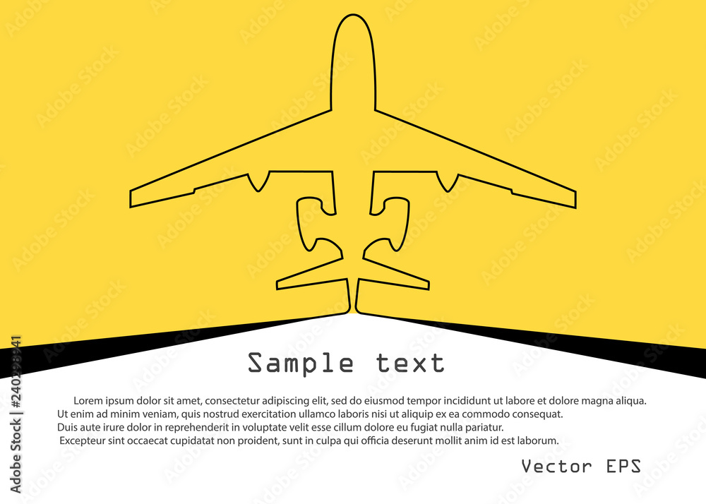 Aircraft. Vector sketch of continuous plane line on yellow background with space for text. Template for banner, poster, background, web.