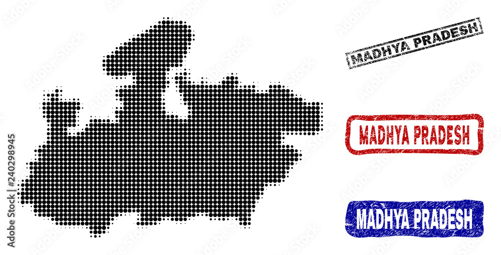 Halftone vector dot abstracted Madhya Pradesh State map and isolated black, red, blue grunge stamp seals. Madhya Pradesh State map name inside rough rectangle frames and with grunge rubber texture.