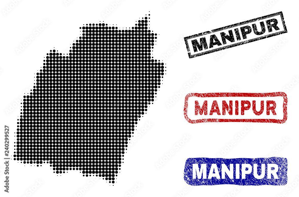 Halftone vector dot abstracted Manipur State map and isolated black, red, blue scratched stamp seals. Manipur State map title inside draft rectangle frames and with scratched rubber texture.