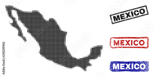 Halftone vector dot abstract Mexico map and isolated black, red, blue rubber-style stamp seals. Mexico map label inside rough rectangle frames and with grunge rubber texture.