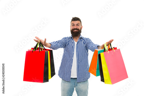 Shopping sale. Shopping time. Male barber care. Bearded man with shopping bags.. Black Friday. Cyber Monday. Mature happy hipster with beard. brutal caucasian hipster with moustache