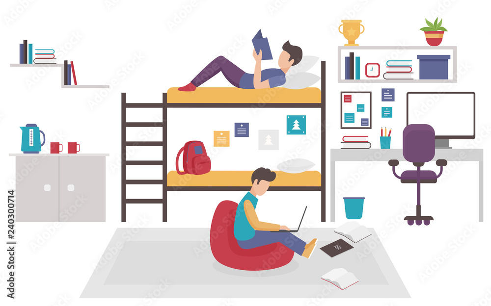 Dormitory room with two teen men brothers sharing bedroom. Friends males study home together flat vector illustration.
