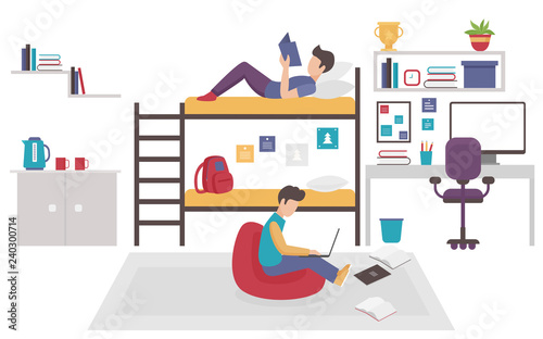 Dormitory room with two teen men brothers sharing bedroom. Friends males study home together flat vector illustration.