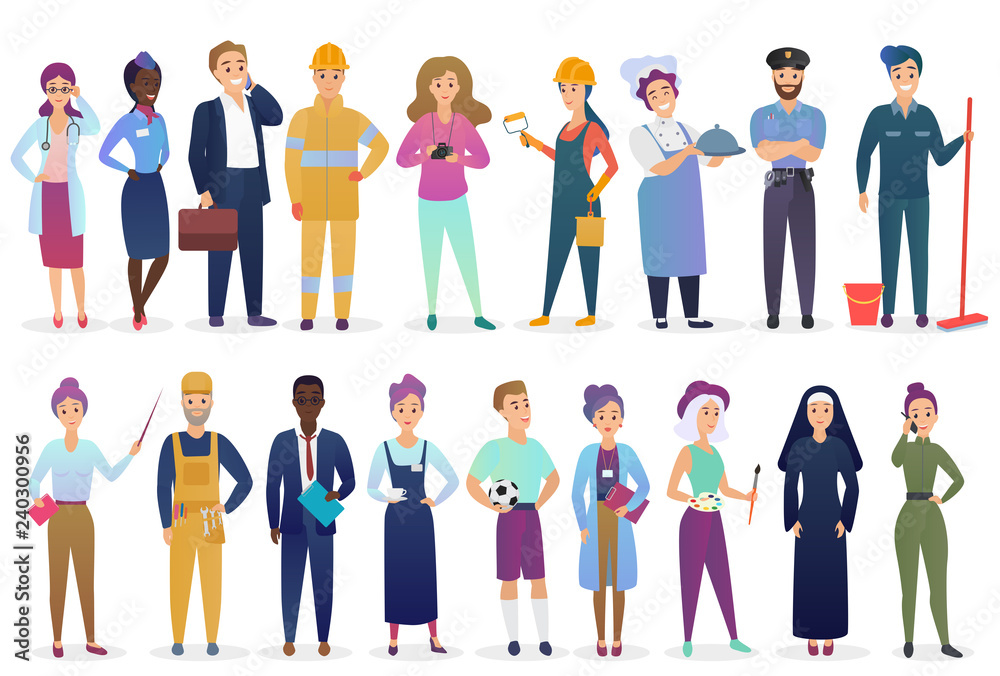 Professional workers people set standing together. Different occupation employment and teamwork vector illustration.