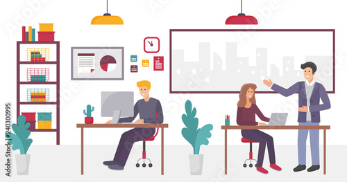 People in creative coworking Office center in university campus interior vector illustration.