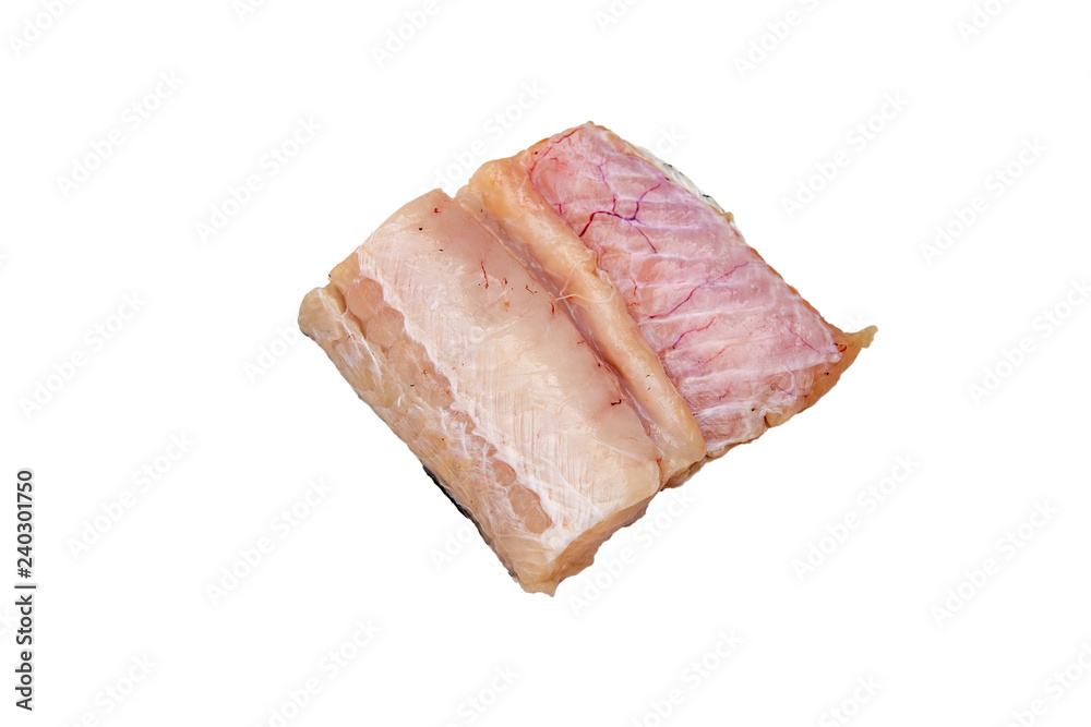 Hake ( Merluccius) fillets on the skin on white background, isolated Hake ( Merluccius) fillets on the skin on white background, isolated