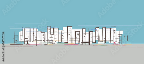 Hand drawn sketch of high rise buildings in a busy city center with blue sky and grey sidewalk background color