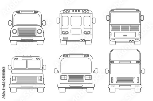 Set of various city bus. Front and back view. Outline vector illustration isolated on white.