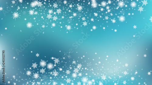 Glitter snowflakes background. Festive frame for New Year greetings. Macro snowflakes flying border illustration. Gradient base.