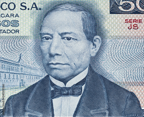 Benito Juarez face portrait on old Mexico banknote closeup macro, Mexican money close up photo