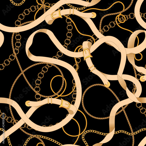 Seamless pattern with chains and belts. Vector patch for scarfs, print, fabric.