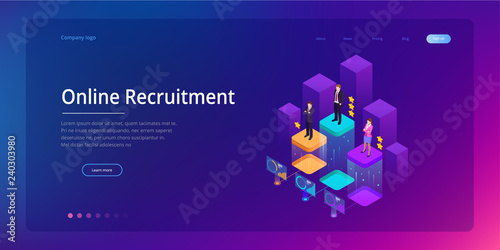Isometric online job search and human resource, recruitment concept. We are hiring. Presentation for employment and infographics for recruiting. Template website Landing page.