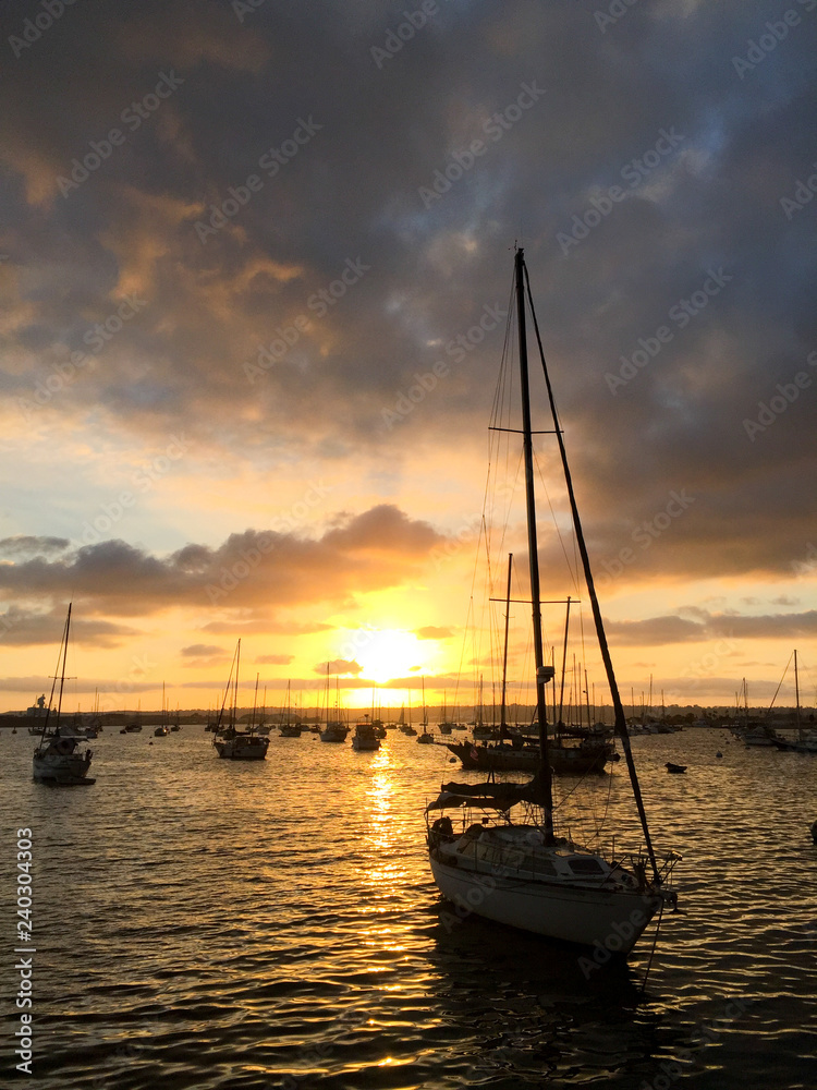 Sunset over San Diego Harbor and Bay with boats